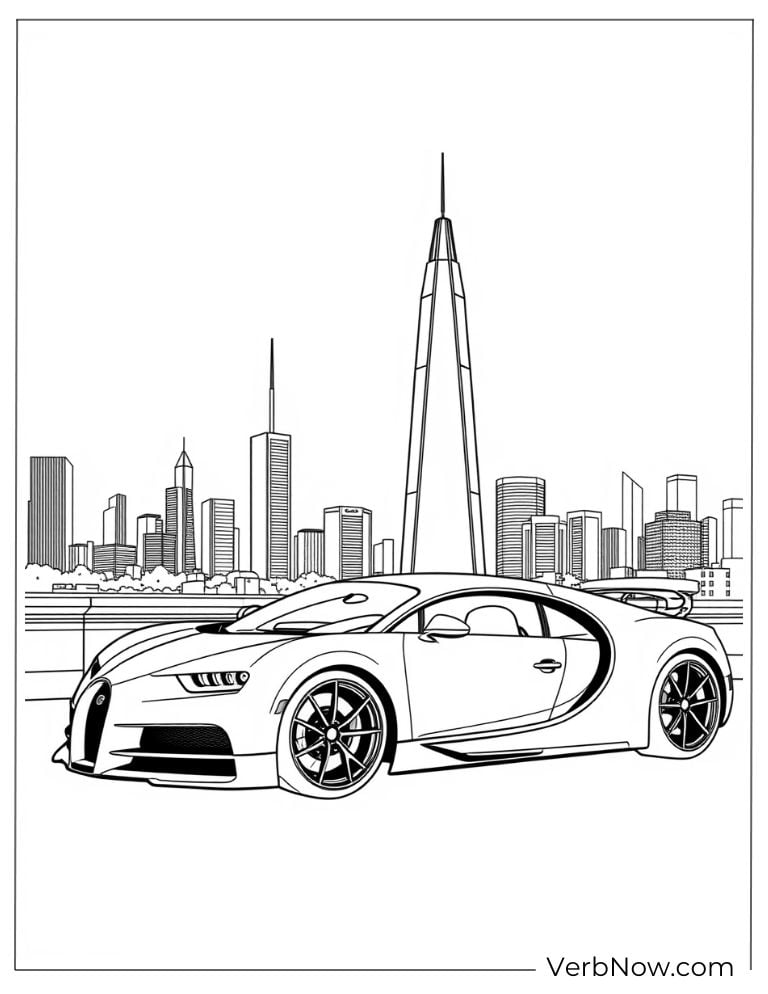 Bugatti in front of a city skyline with a tall skyscraper