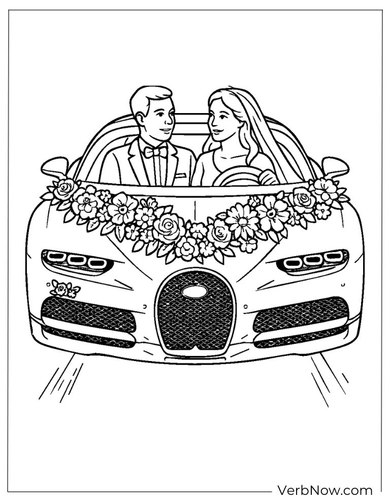 Wedding couple riding in a Bugatti decorated with flowers
