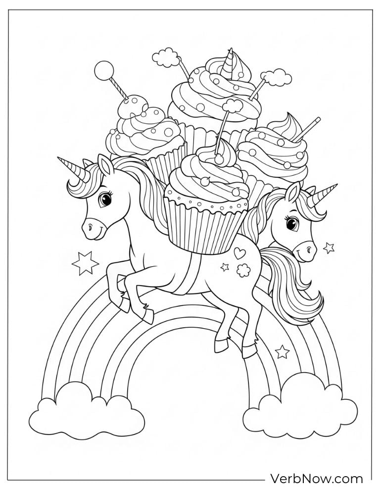 Flying cupcake with wings among butterflies and candy trees