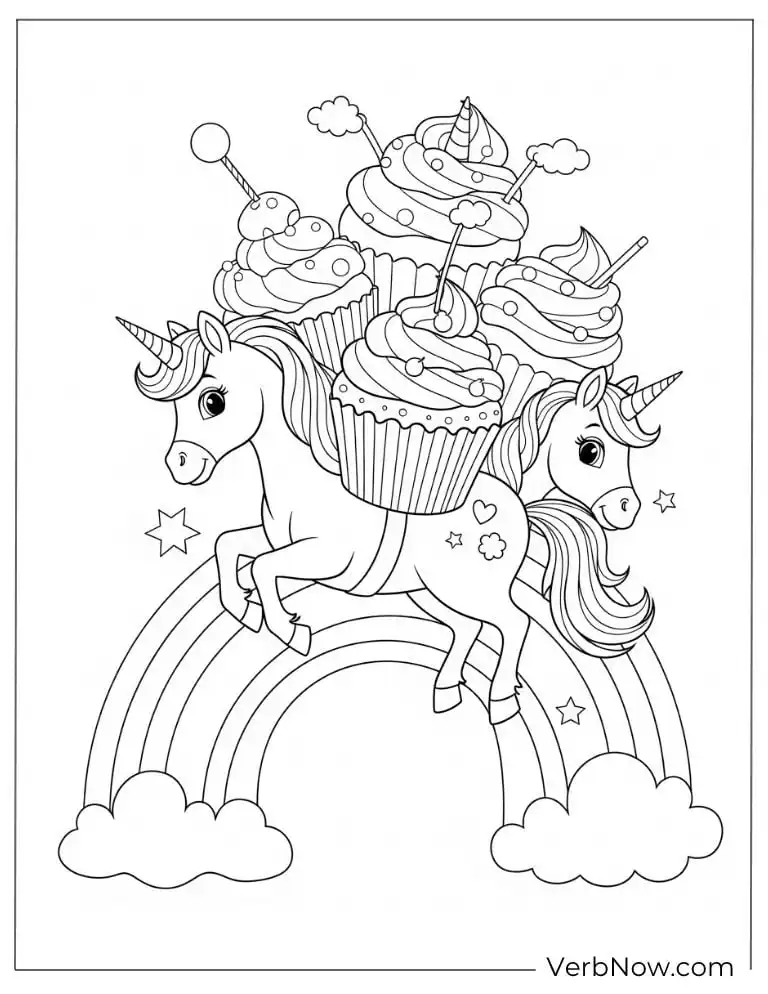 Flying cupcake with wings among butterflies and candy trees