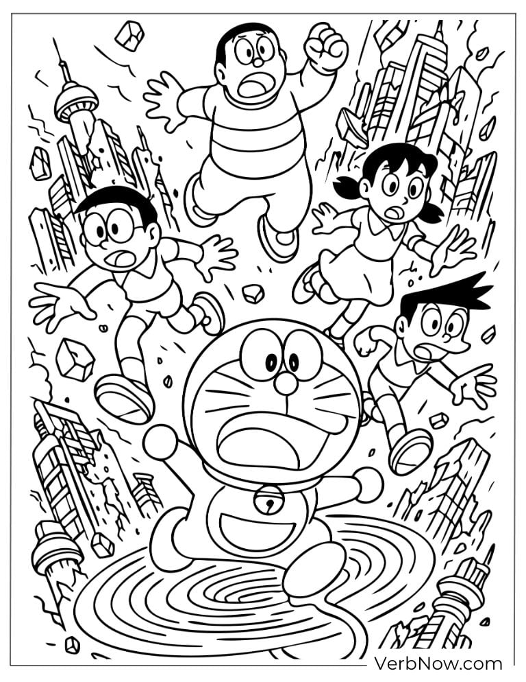 Doraemon and friends running through a city