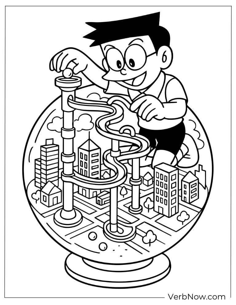 Suneo playing inside a futuristic city globe
