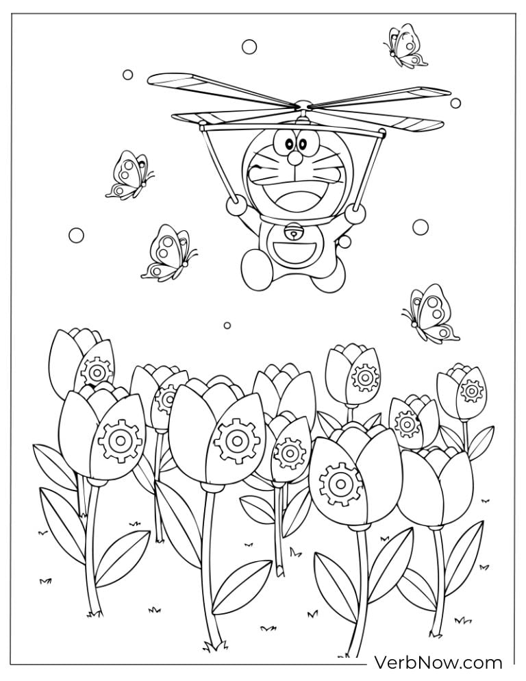 Doraemon flying a small helicopter over tulips