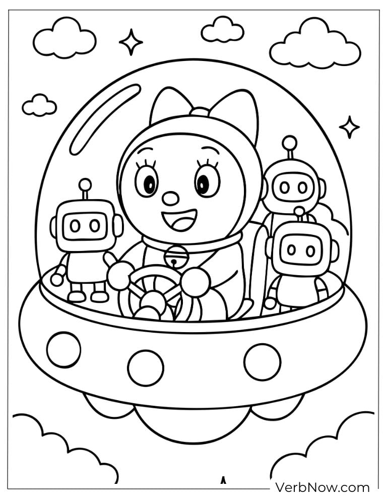 Dorami piloting a spaceship with two robots