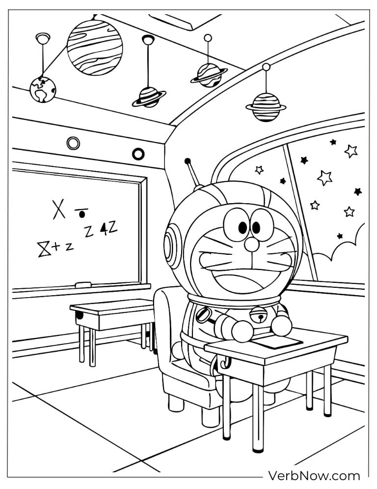 Doraemon attending class in a space-themed room