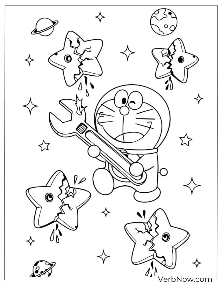 Doraemon floating in space with a wrench and stars