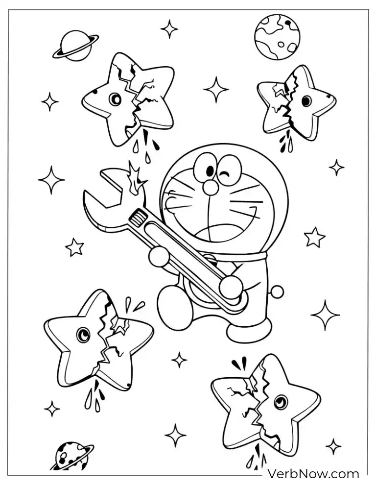 Doraemon floating in space with a wrench and stars