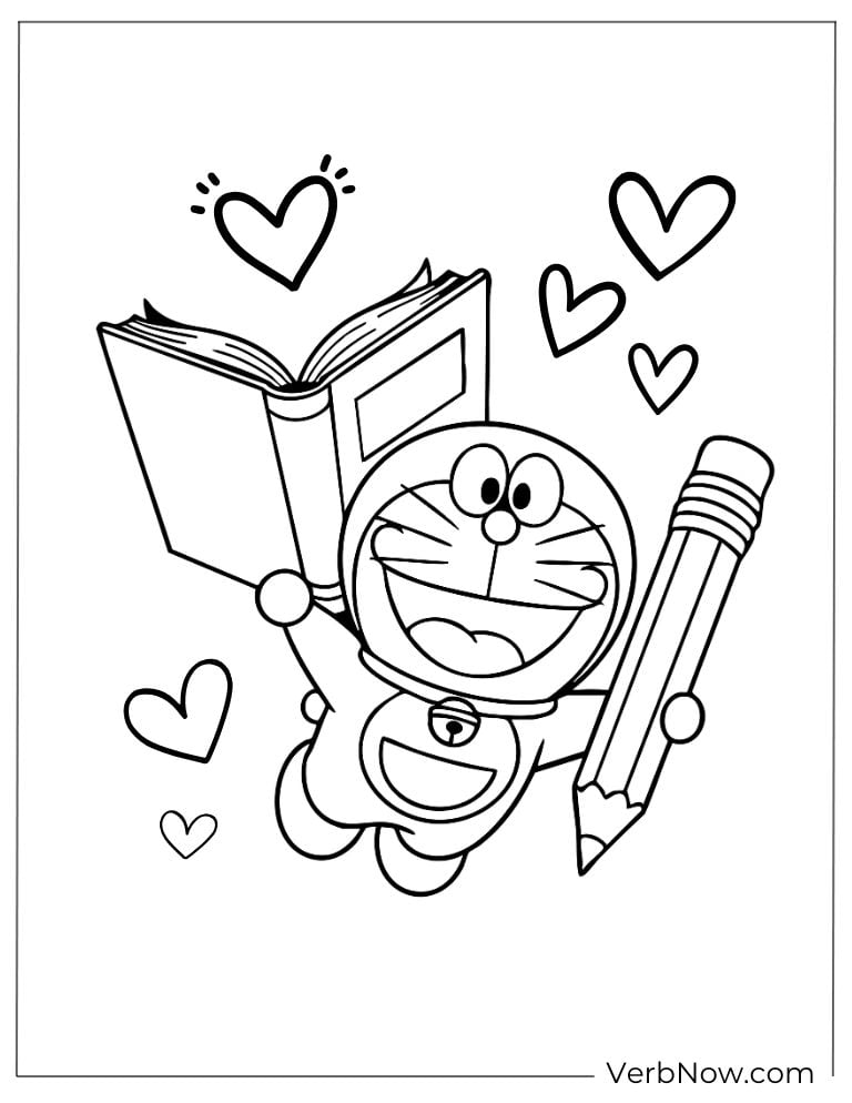 Doraemon happily holding a big pencil and book