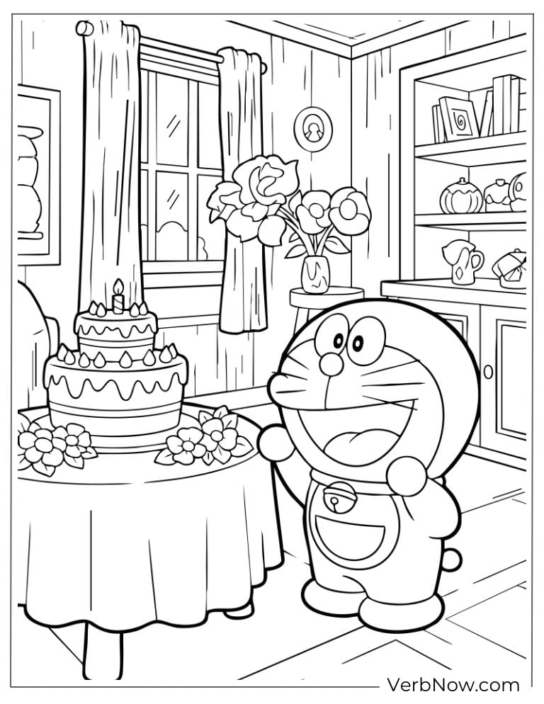 Doraemon smiling at a delicious birthday cake