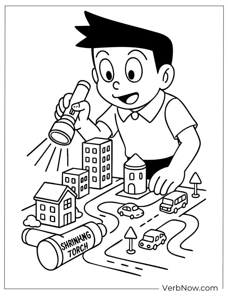 Dekisugi playing with a shrinking torch and tiny toy city