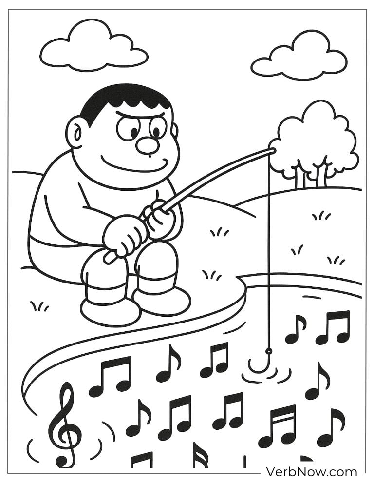 Gian fishing at a pond surrounded by musical notes