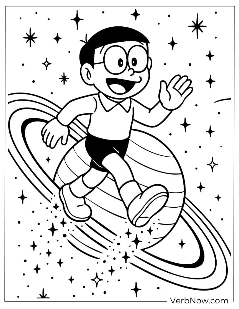 Nobita running happily across a ringed planet