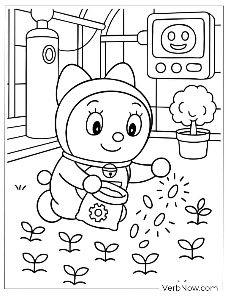 Dorami planting seeds in the garden