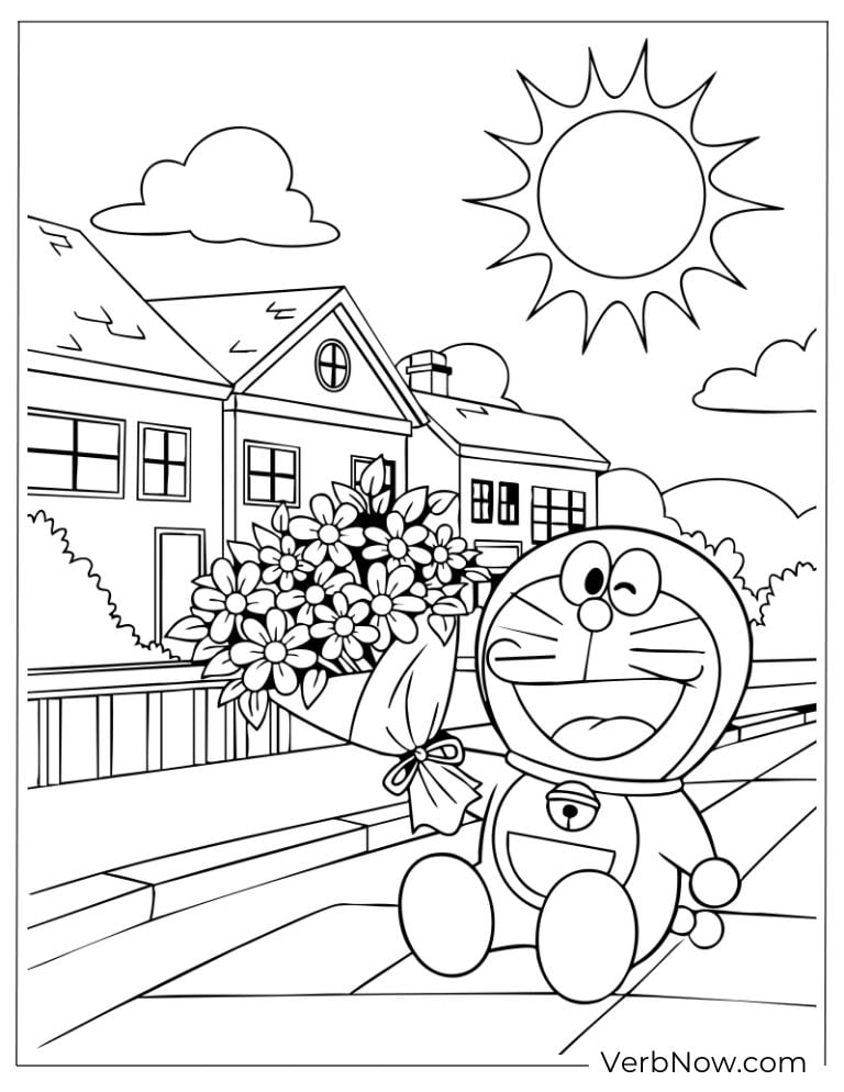 Doraemon sitting outdoors on sunndy day