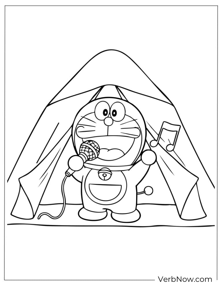 Doraemon singing joyfully under a blanket