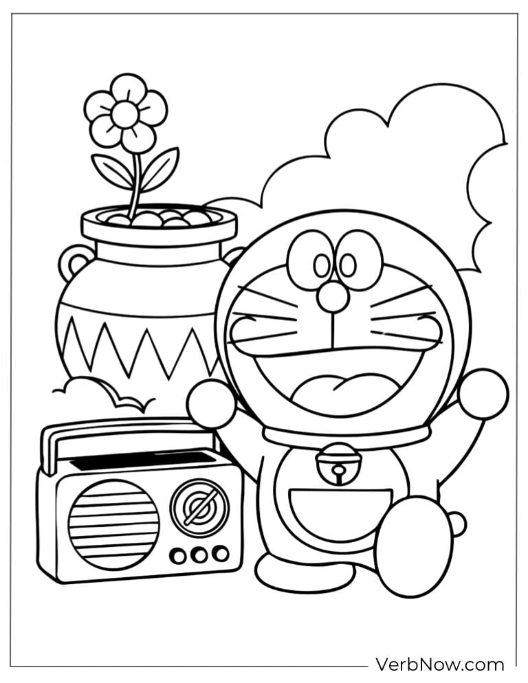 Doraemon smiling beside a flowerpot and radio