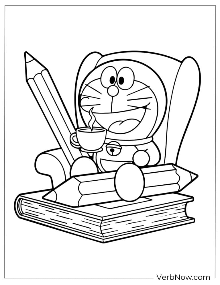 Doraemon sitting on stacked books