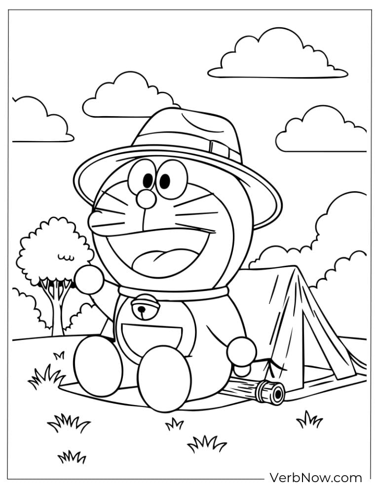 Doraemon camping outdoors with a tent