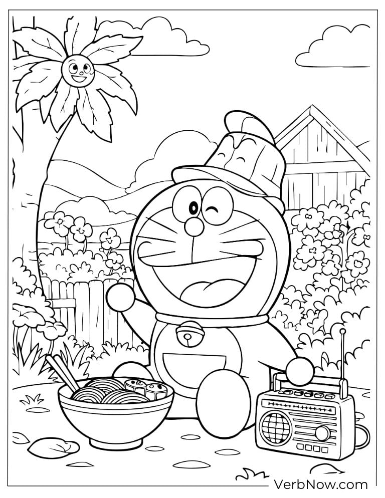 Doraemon with radio in the garden