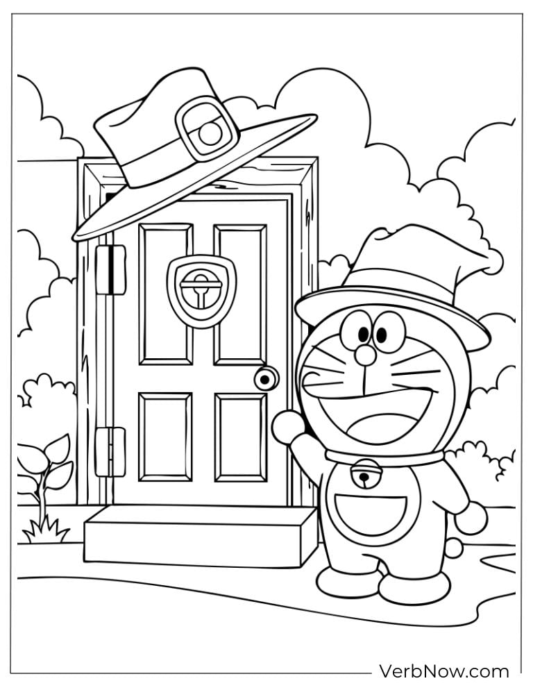 Doraemon standing at a magical door with a hat