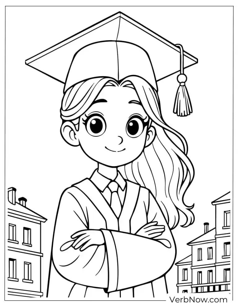 22 Fun Graduation Coloring Pages (Printable PDF) Smiling graduate girl wearing a cap and gown