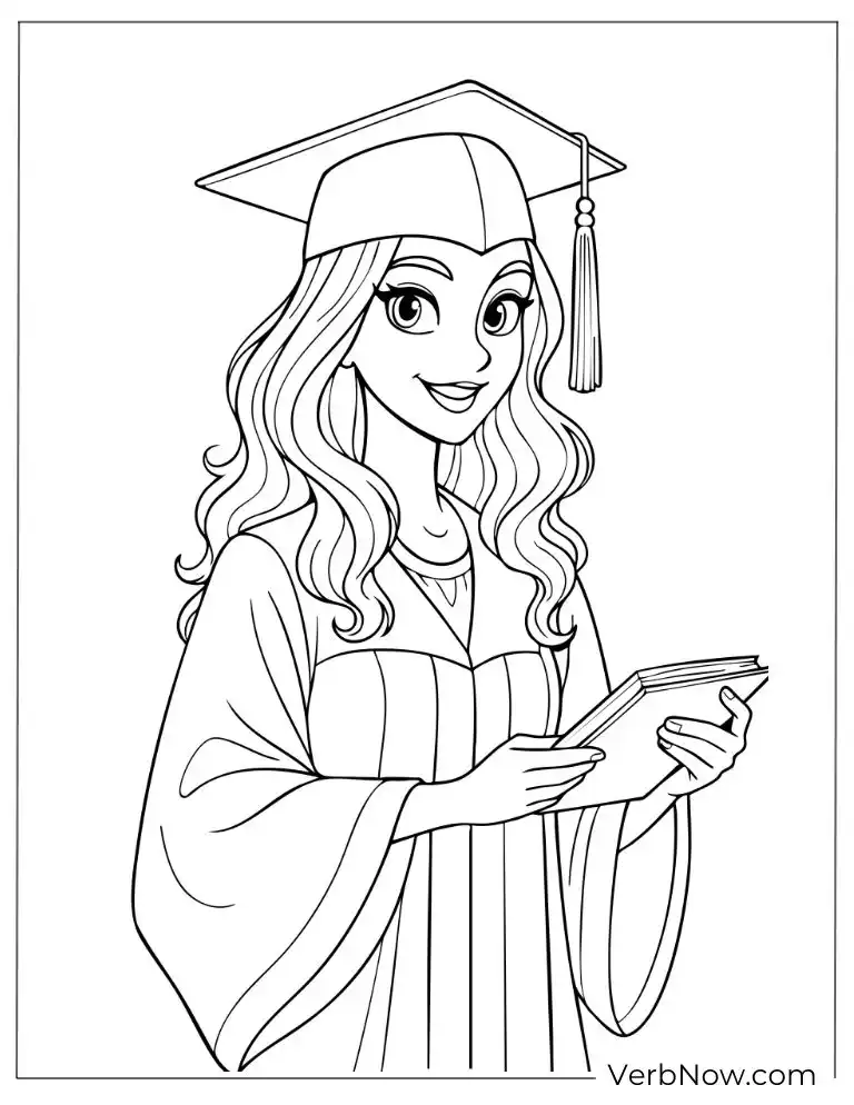 22 Fun Graduation Coloring Pages (Printable PDF) Graduate girl reading her certificate with a smile