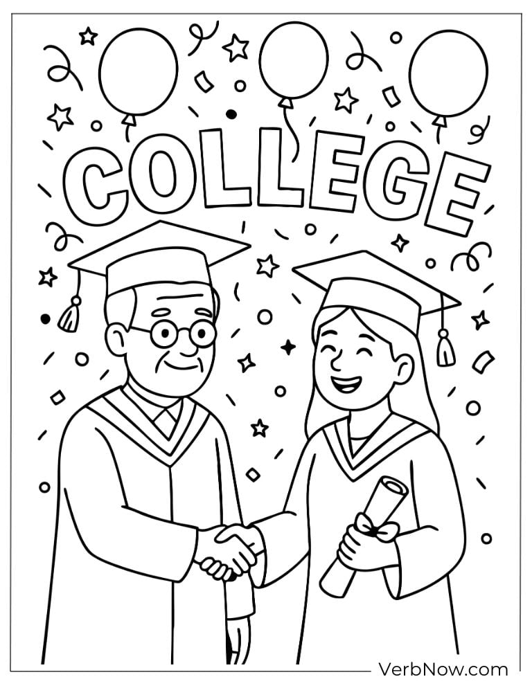 Principal and student shaking hands with balloons and confetti