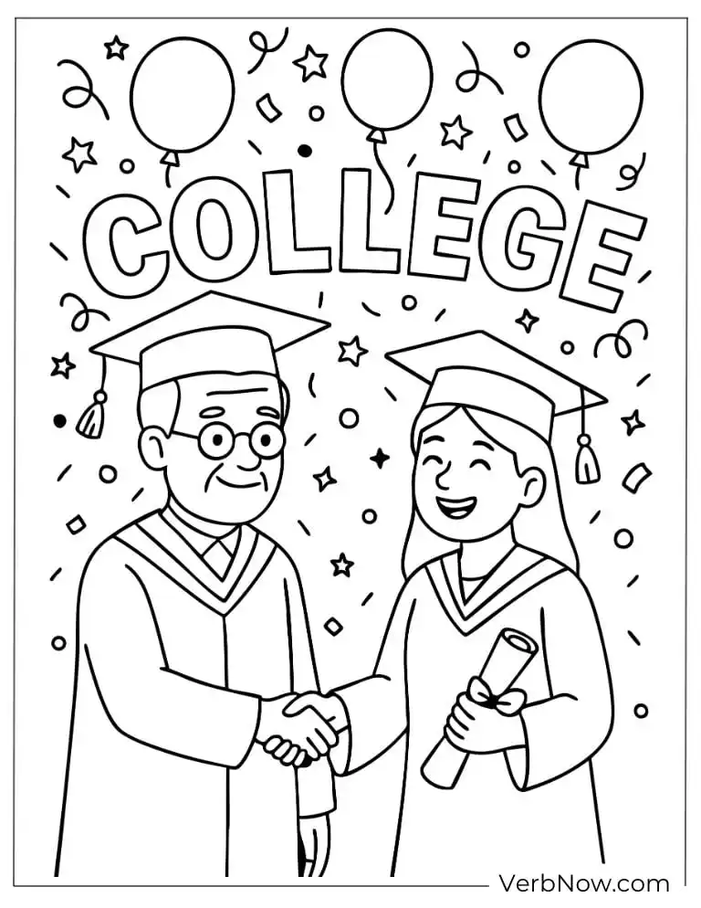 Principal and student shaking hands with balloons and confetti