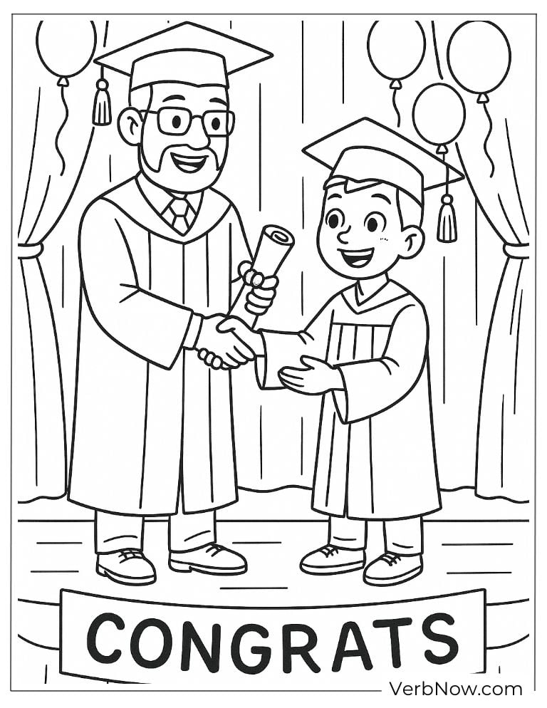 Graduate shaking hands with a teacher under a “Congrats” banner