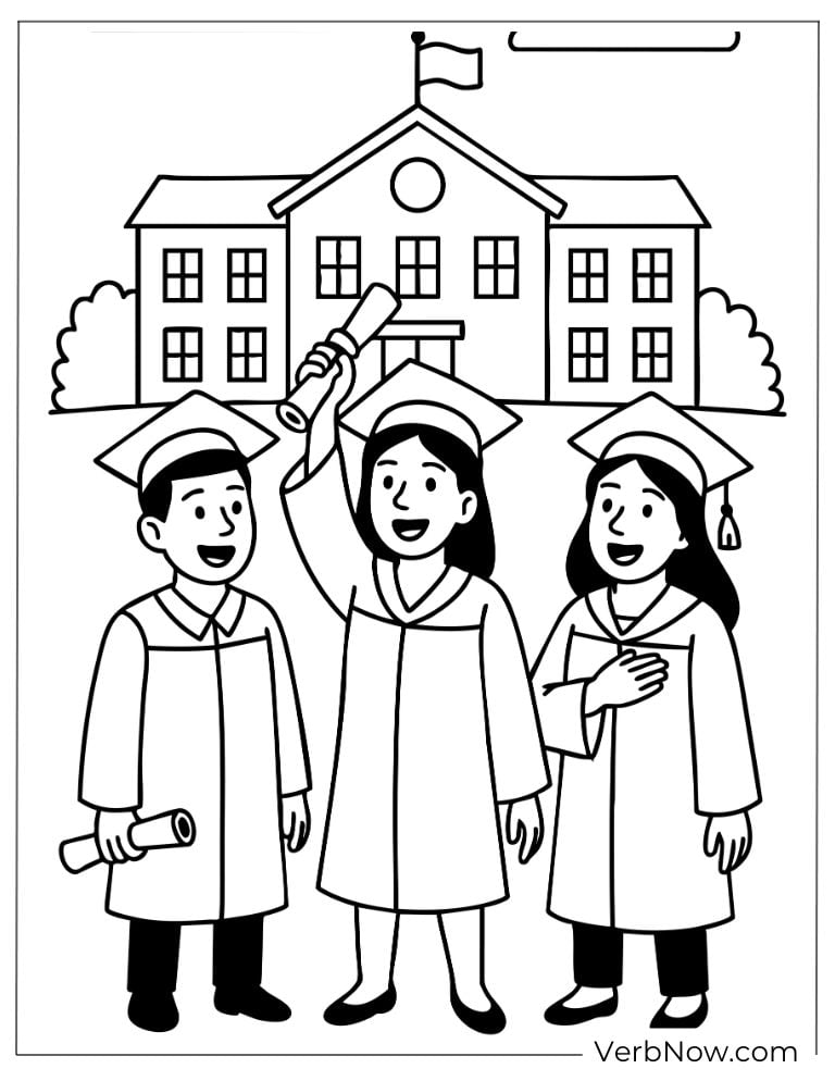 Three graduates smiling proudly in front of their school