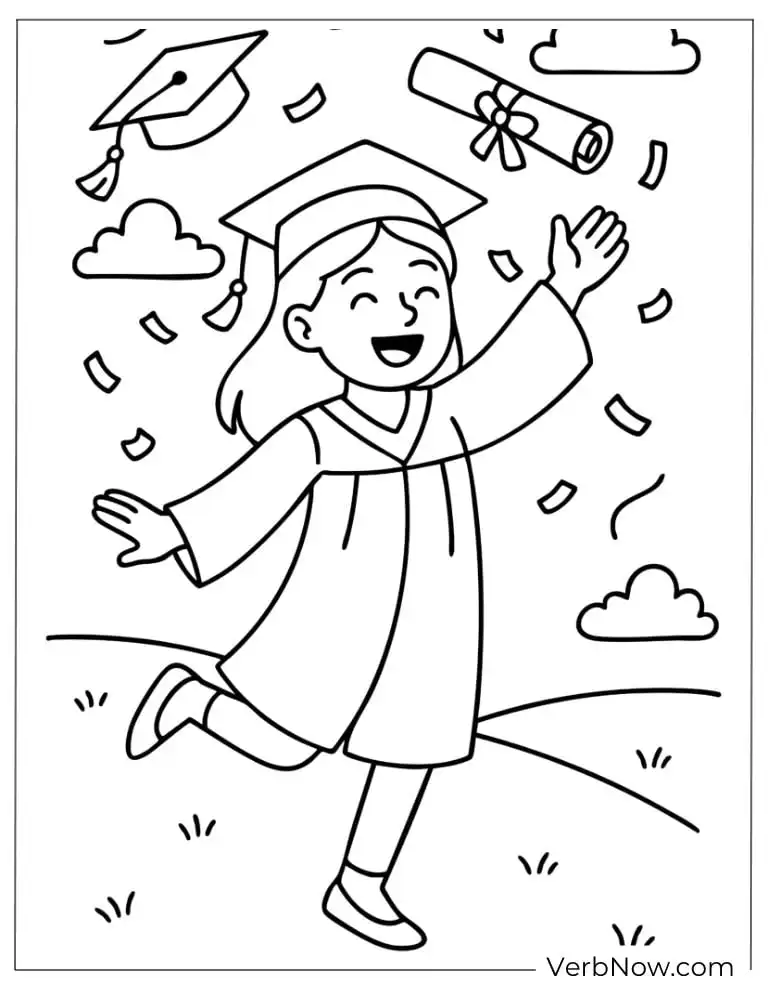 A graduate joyfully jumping with confetti and flying caps