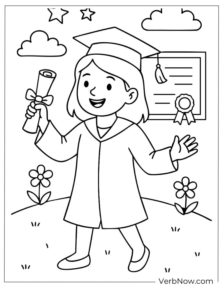 A smiling graduate girl holding a diploma with flowers around