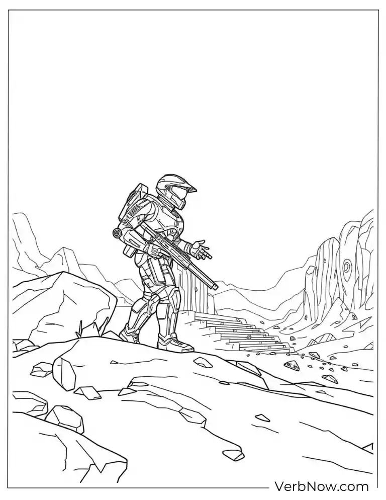 22 Amazing Halo Coloring Pages to Download (Printable PDF) Spartan exploring a rocky canyon