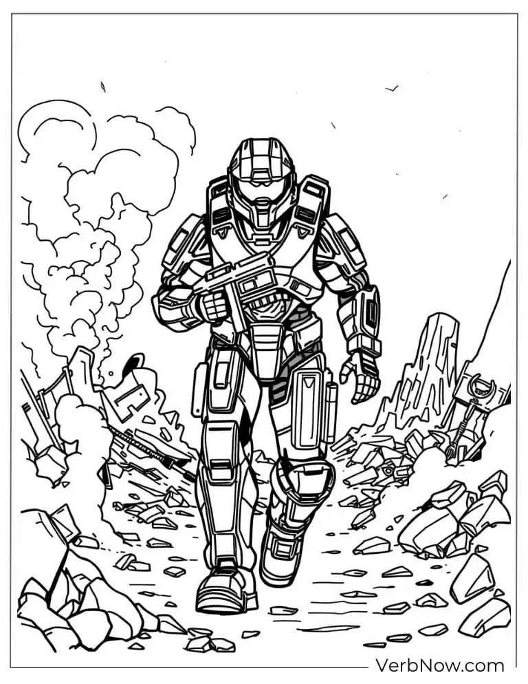22 Amazing Halo Coloring Pages to Download (Printable PDF) Spartan walking away from a battlefield with smoke