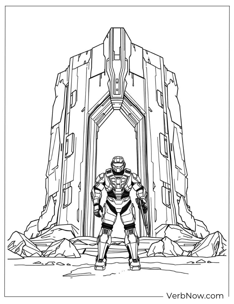 Spartan standing tall at the entrance of a massive alien gate