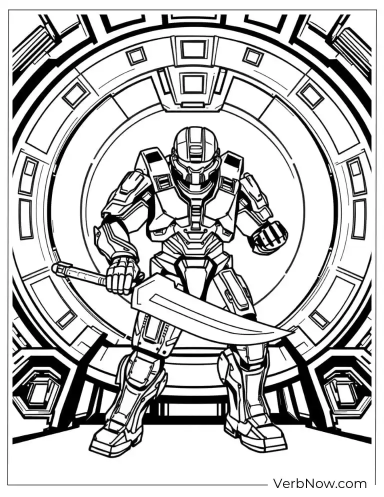 22 Amazing Halo Coloring Pages to Download (Printable PDF) Spartan wielding a huge sword inside a futuristic chamber