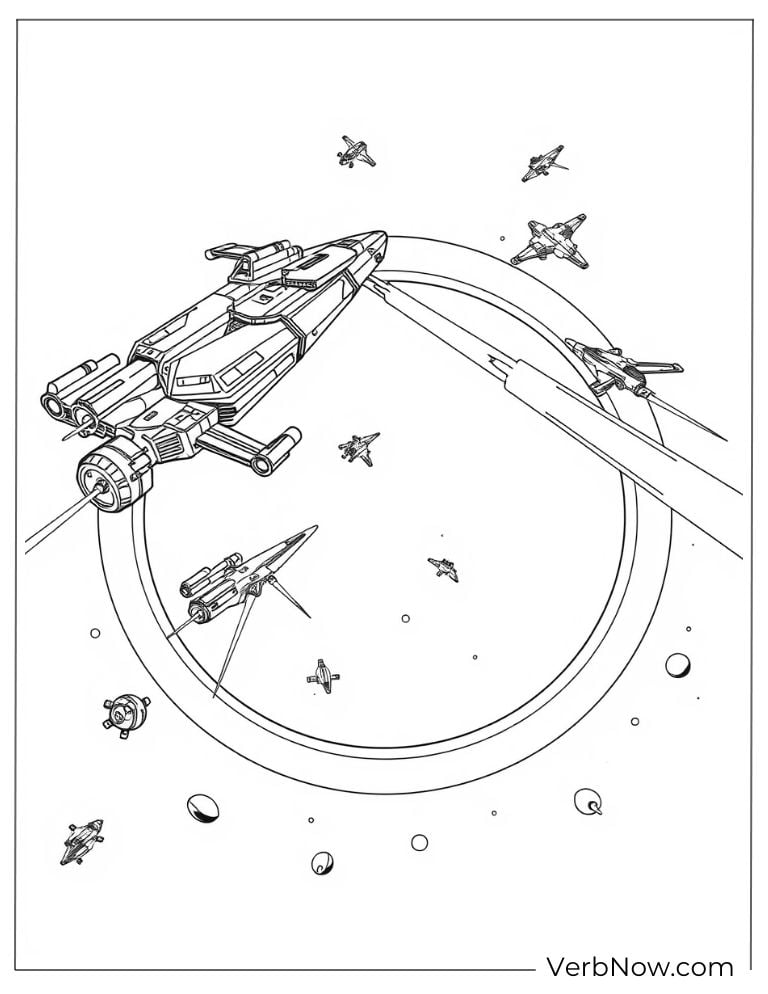 Spaceships flying through and around a giant space ring