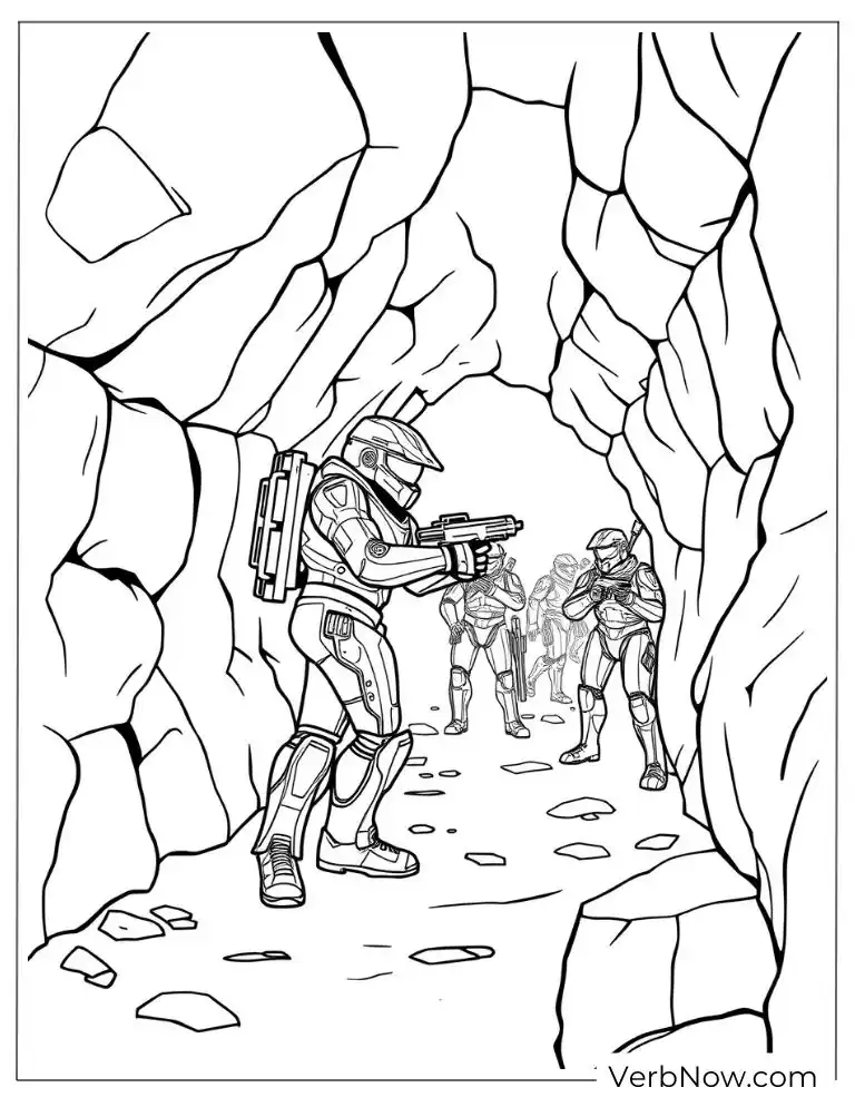22 Amazing Halo Coloring Pages to Download (Printable PDF) Spartans cautiously moving through a rocky cave