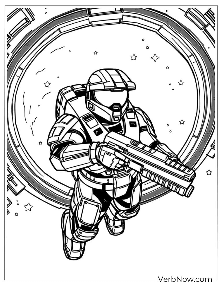 Spartan stepping out of a glowing portal with a gun ready