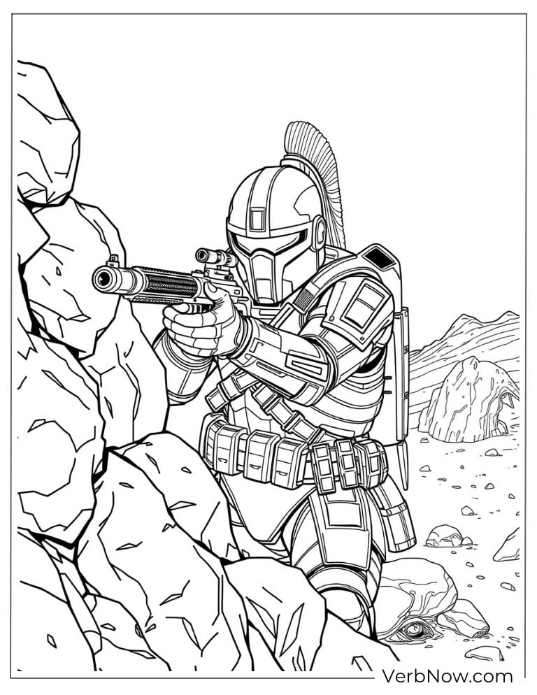 A Spartan aiming a rifle while hiding behind rocks