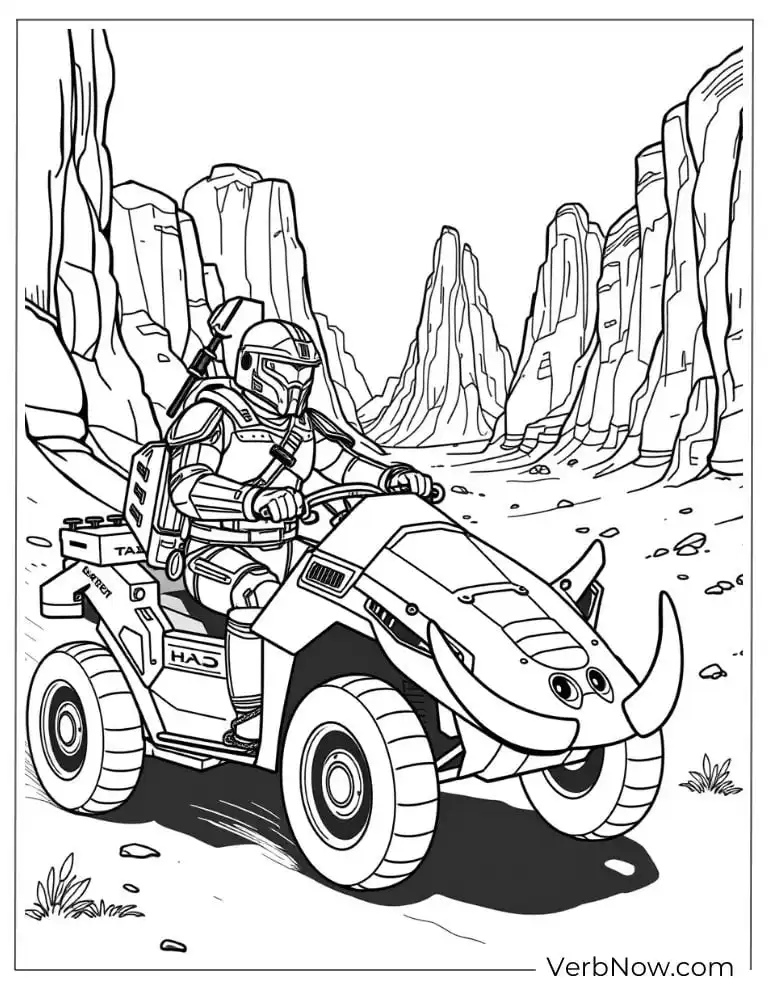 22 Amazing Halo Coloring Pages to Download (Printable PDF) Spartan driving a Warthog vehicle through rocky canyons