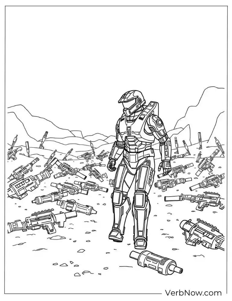 22 Amazing Halo Coloring Pages to Download (Printable PDF) Spartan walking across a battlefield filled with wreckage