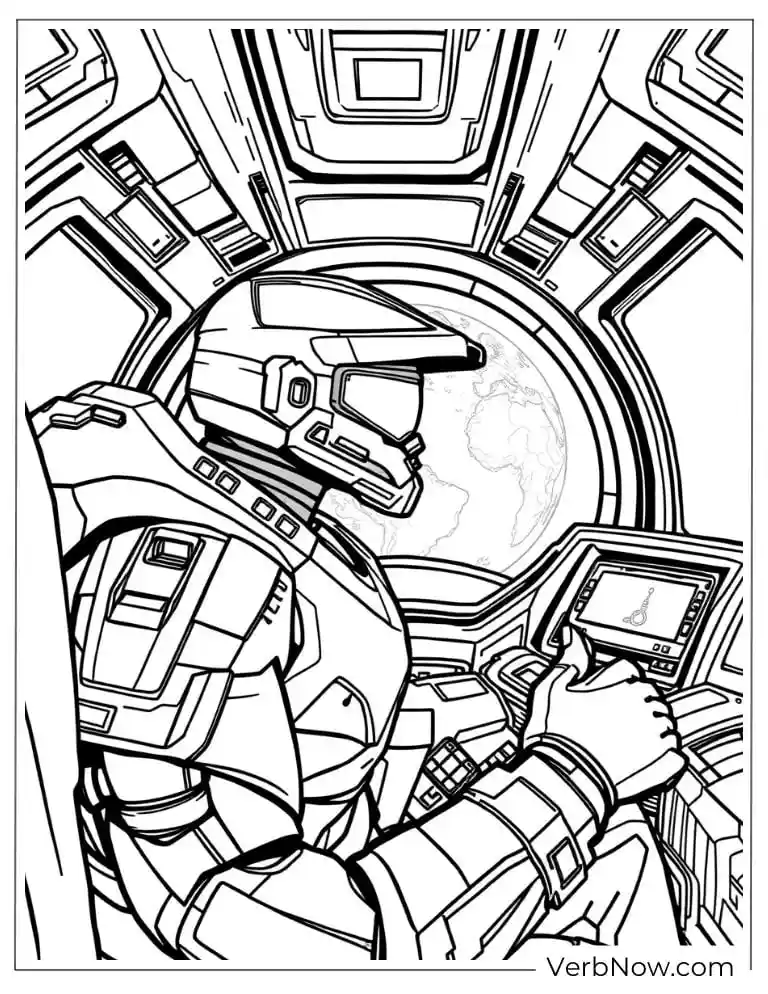 22 Amazing Halo Coloring Pages to Download (Printable PDF) Spartan piloting a spaceship with Earth