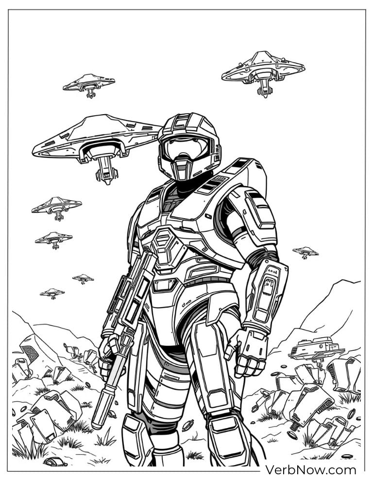 Spartan soldier standing ready with spaceships flying above
