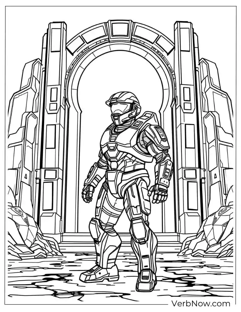 22 Amazing Halo Coloring Pages to Download (Printable PDF) Spartan standing in front of a massive portal