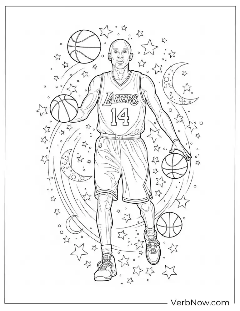 Kobe Bryant with stars and moon coloring page