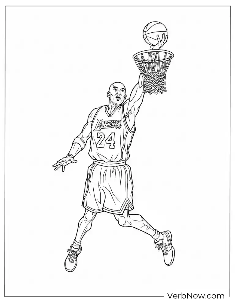 Kobe Bryant slam dunk action shot coloring page