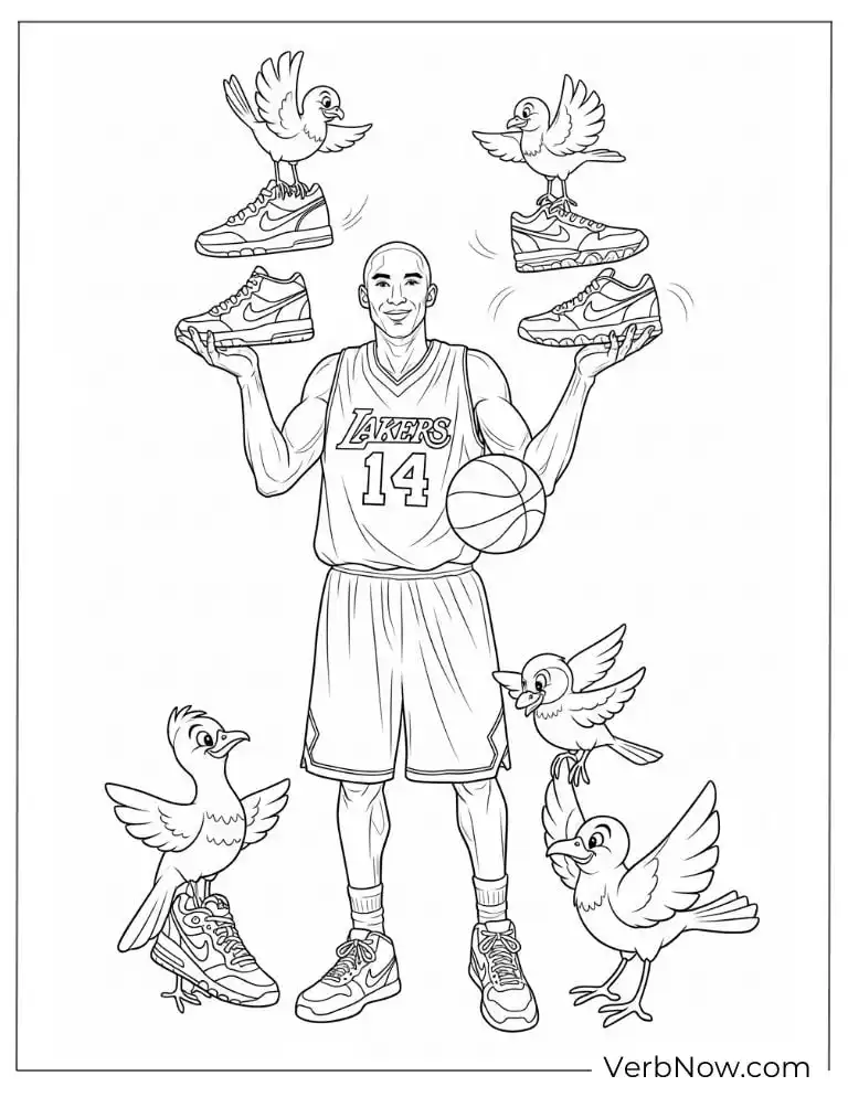 Kobe Bryant with birds and shoes coloring page