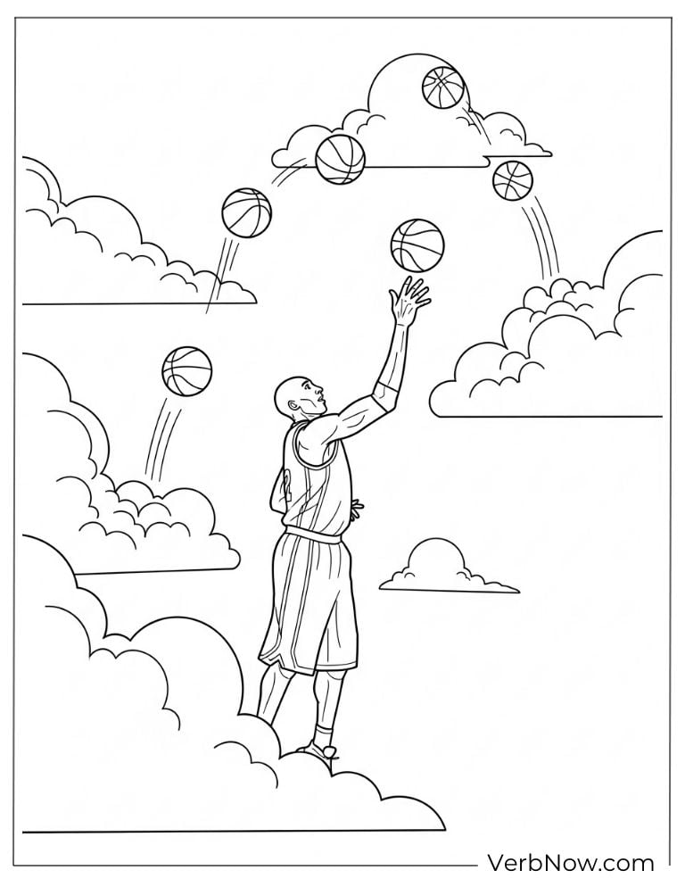 Kobe Bryant reaching for basketballs in clouds