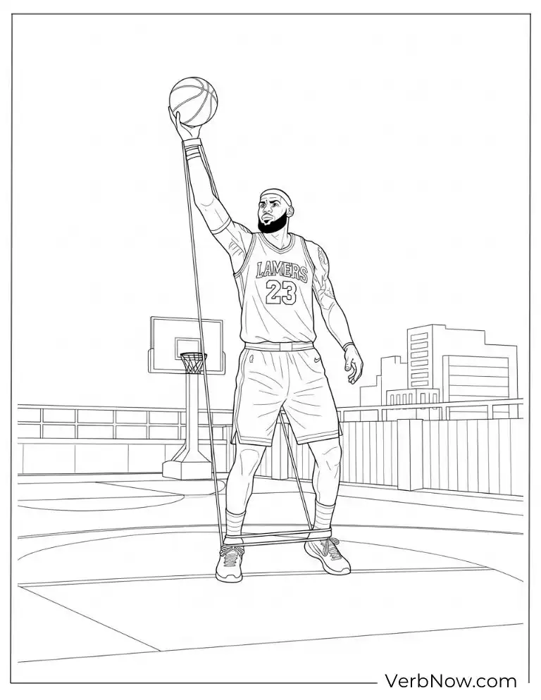 22 Free Printable LeBron James Coloring Pages for Every Fan LeBron James holding a basketball high in one hand on the court